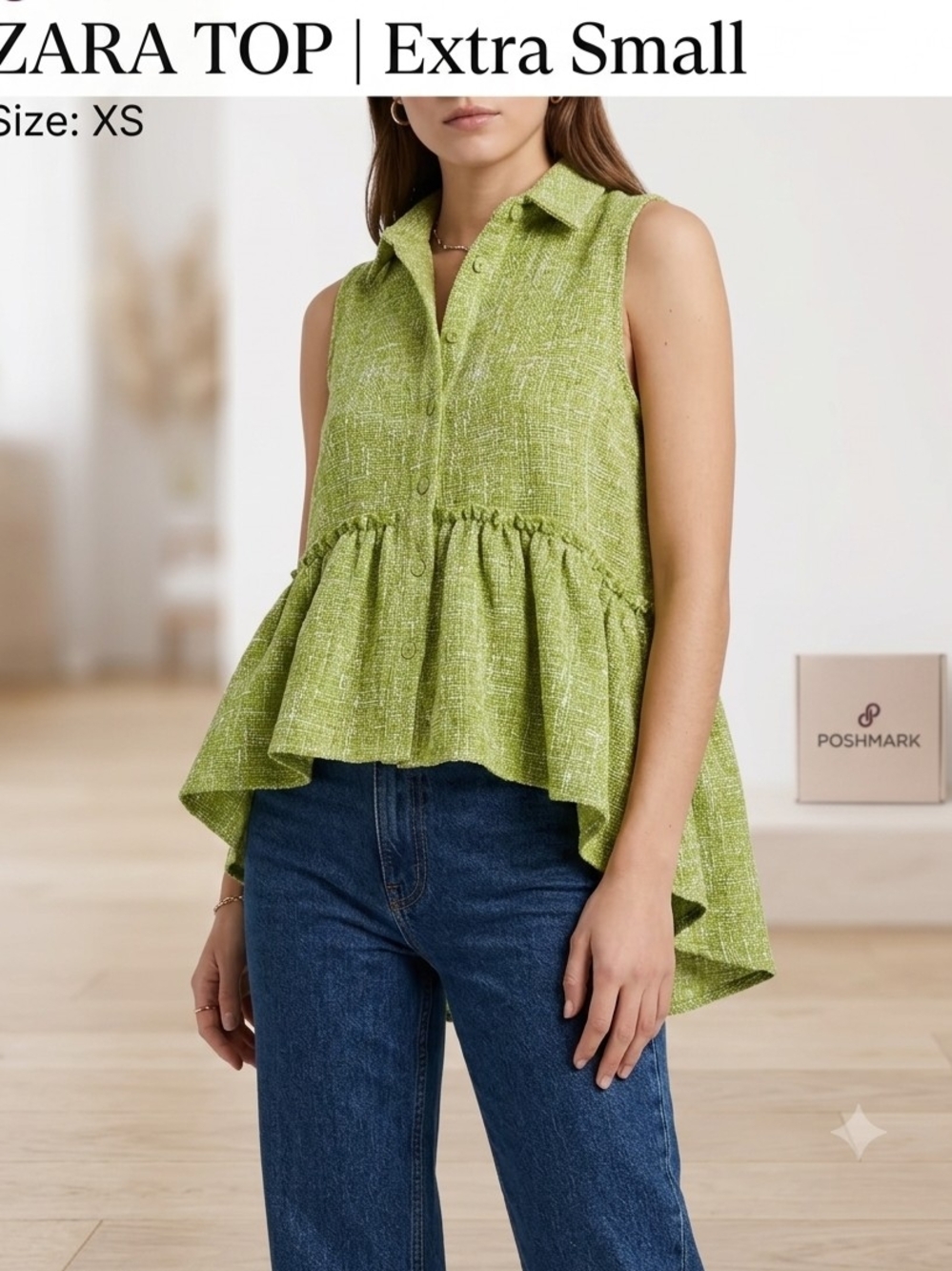 Zara Lime Green Sleeveless Ruffled Peplum Blouse